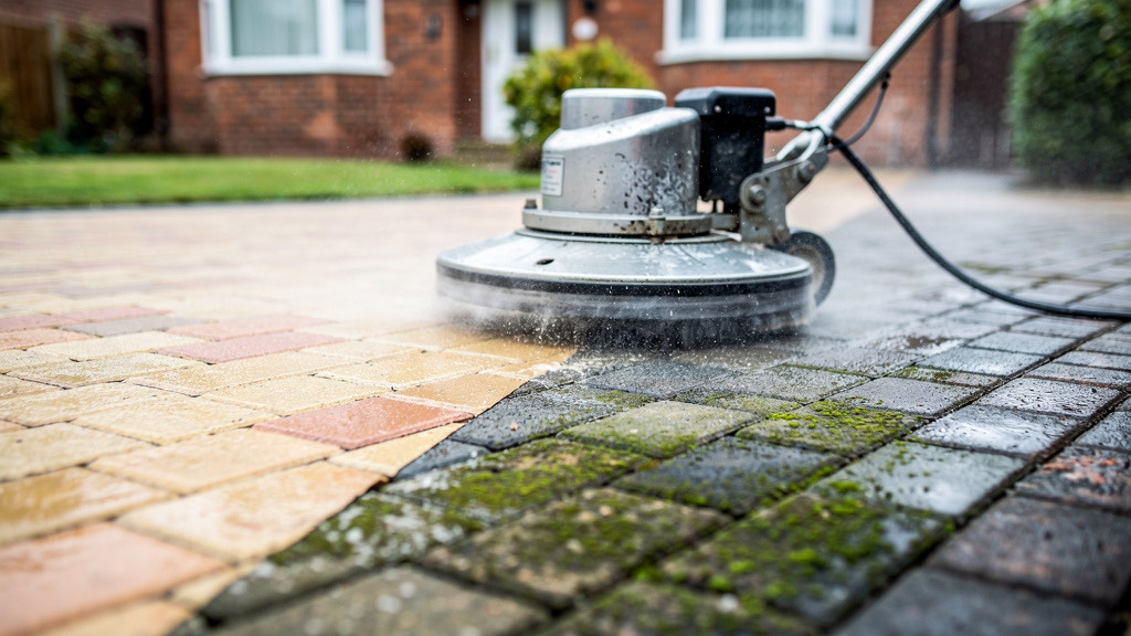 A block paving driveway part way through cleaning, the restored half in warm buff and terracotta against algae-covered blocks