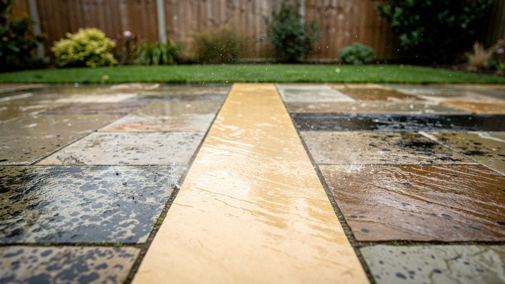An Indian sandstone patio being cleaned, one restored strip of warm stone against slabs still marked with black spotting